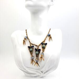 Deco Fringe Bib Necklace Gold Tone Chain Spike Blue Rhinestone Opalescent Beads